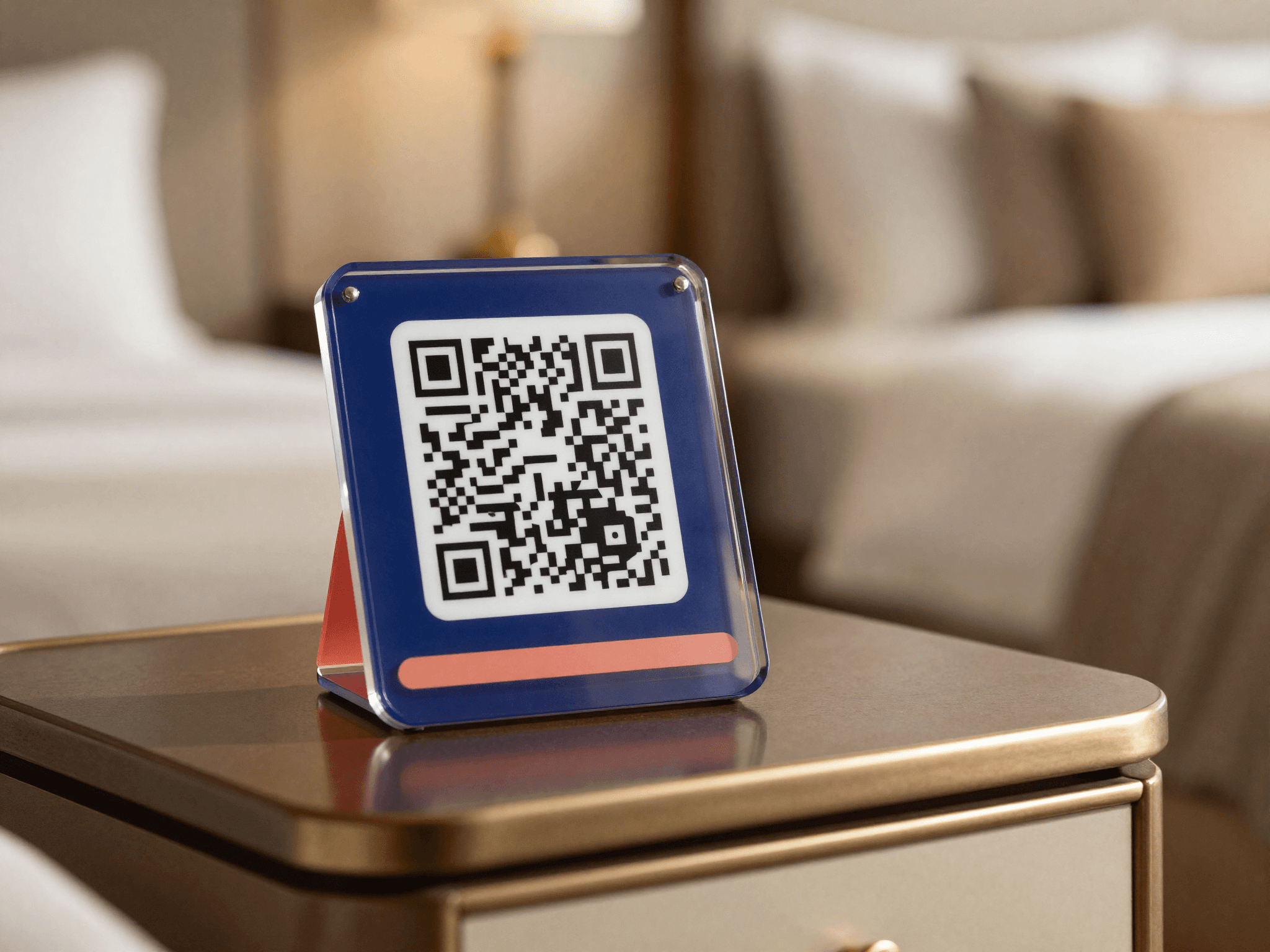 A guest scanning the TapFront QR stand in a hotel room